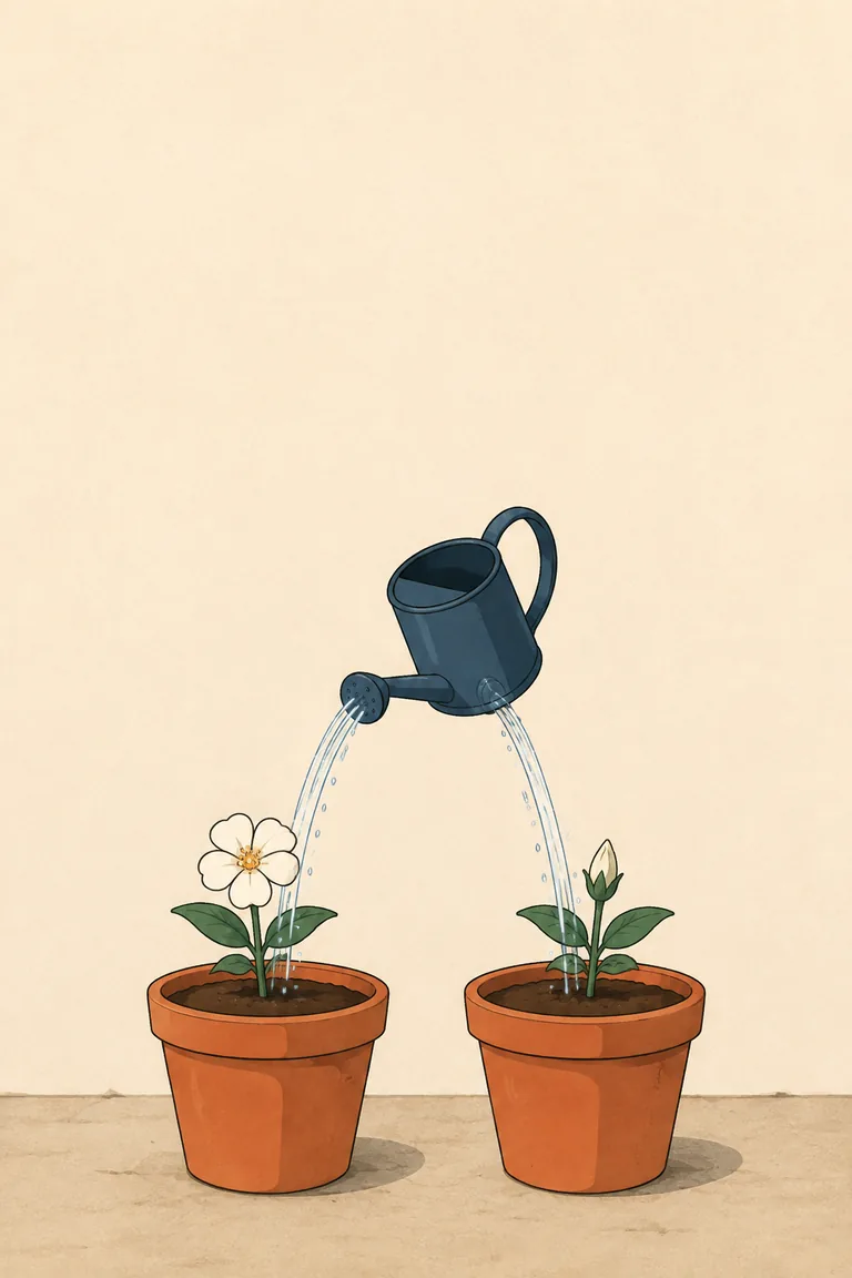 2つの植木鉢。同じ水をやっても、開く鉢と開かない鉢がある