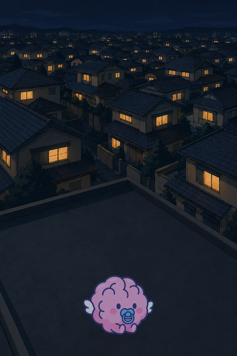 夜の住宅街。窓に同じ色の明かりがぽつぽつ灯っている