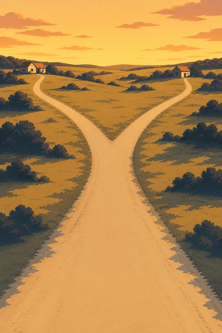夕方の分かれ道。2本の道の先に、それぞれ家が1軒