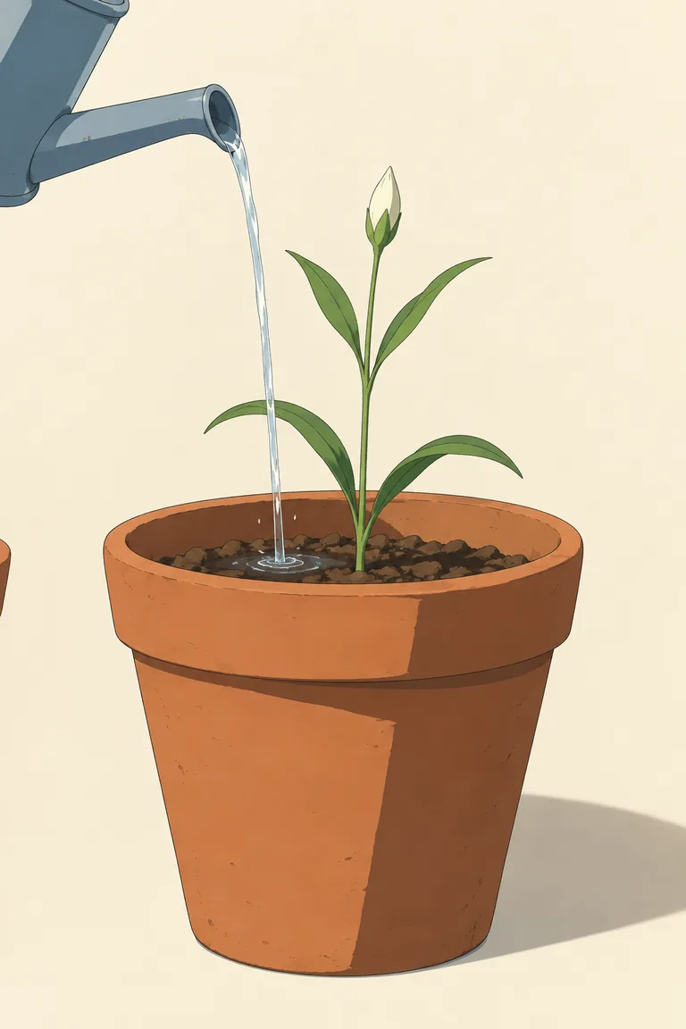 水を注ぐじょうろと、つぼみのままの植木鉢