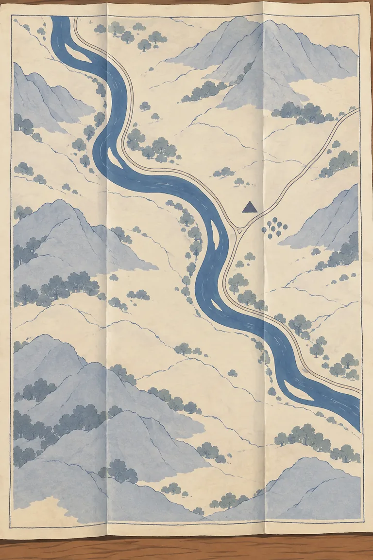 広げた地図の紙面。川に沿った道と、その先の目印